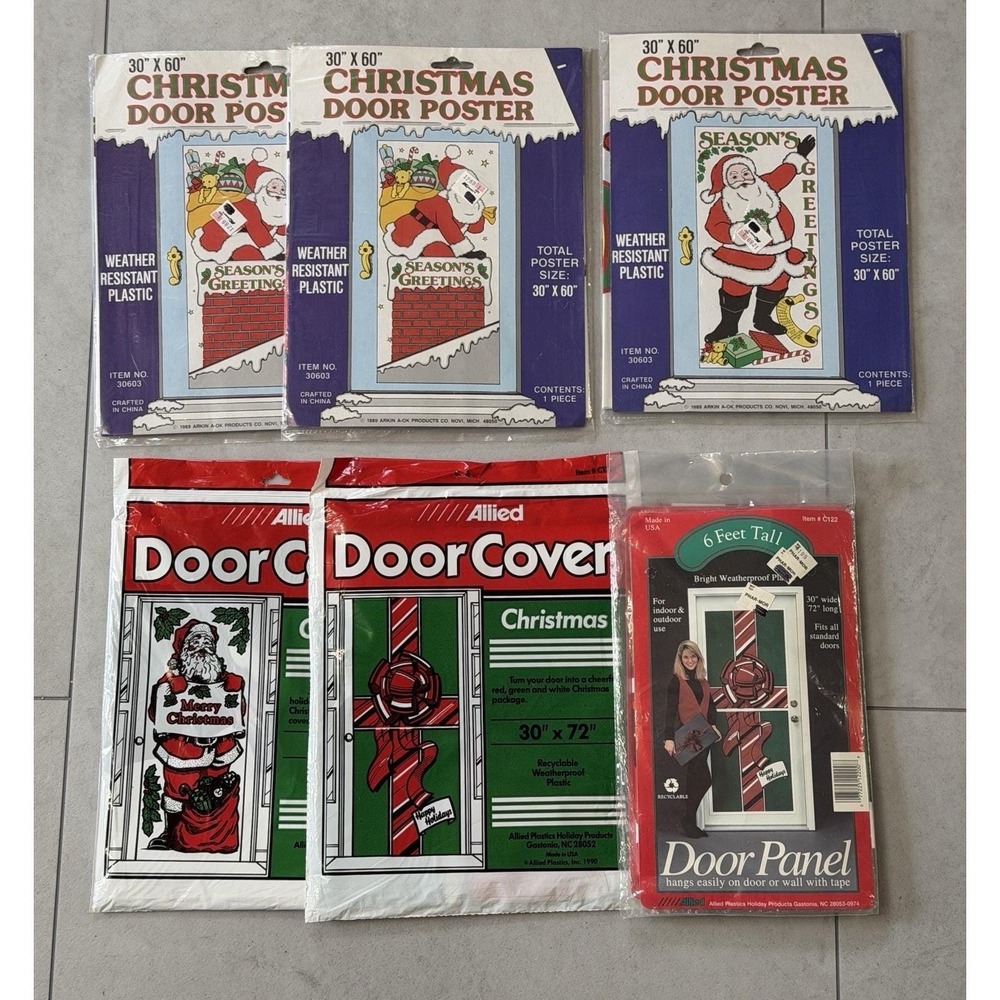 Lot of 7 Vintage Christmas Door Covers, Door Posters, Door Panels, New Old Stock